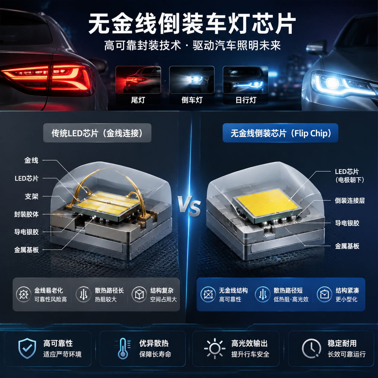传统金线LED与无金线倒装芯片结构对比首图