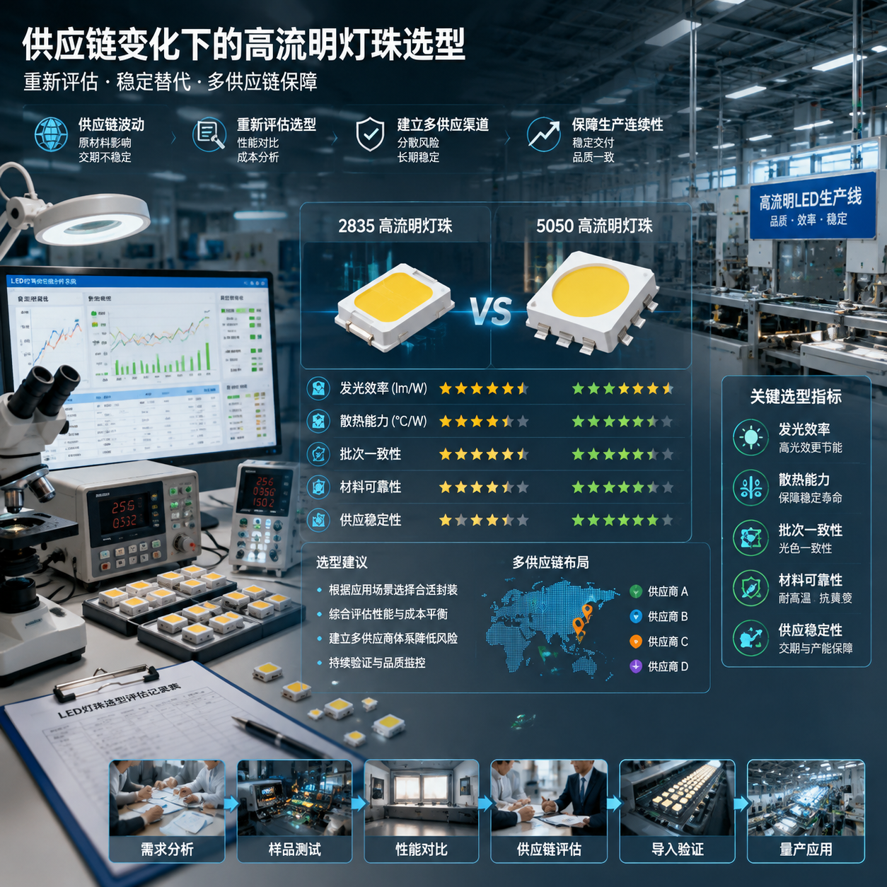 横版科技感公众号配图，展示照明企业在供应链变化后重新评估高流明灯珠选型的场景。画面左侧为LED灯珠供应链分析工作台，包含不同型号灯珠样品、检测仪器、参数记录表；中央突出2835与5050两类LED封装模型对比，周围以信息化界面展示“发光效率、散热能力、批次一致性、材料可靠性、供应稳定性”等选型关键指标；背景为现代化照明工厂生产线，体现企业寻找稳定替代方案、建立多供应渠道的过程。整体采用真实工业摄影与科技信息图结合风格，横向构图，清晰突出高流明灯珠选型主题。