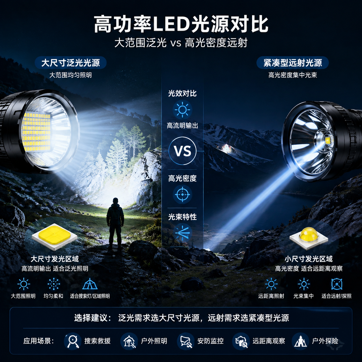 两种高功率LED光源(CREE XHP70.2与Luminus SST70)的视觉对比,展示XHP70.2的大范围泛光照明和SST70的集中远射光束效果。