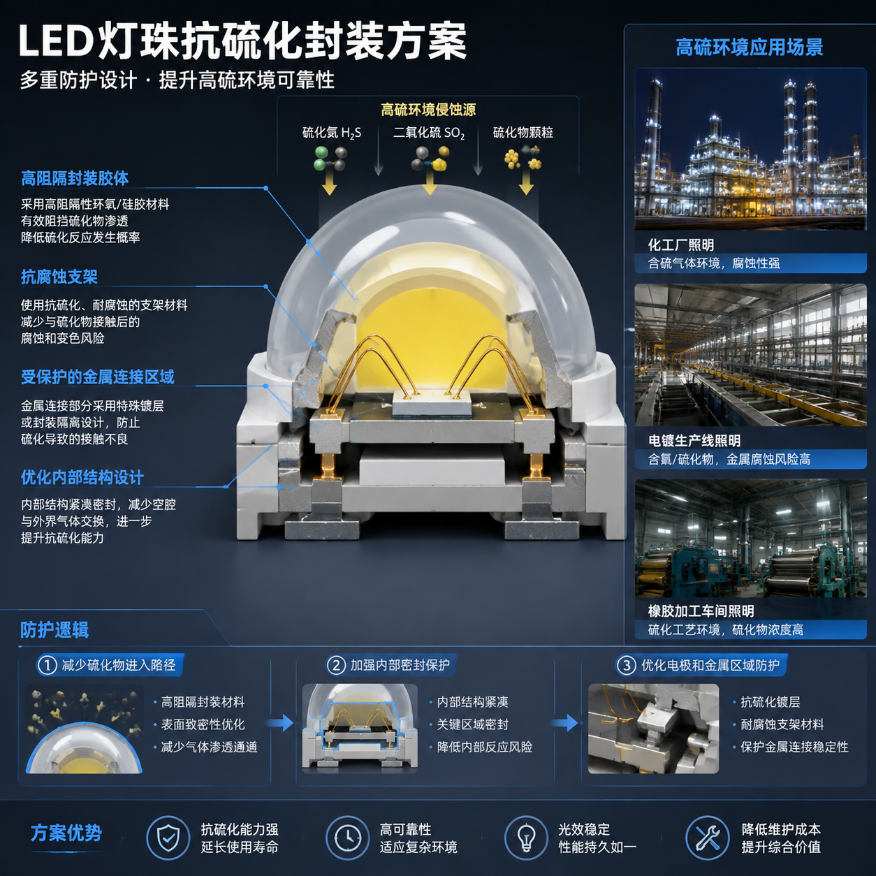 LED灯珠抗硫化封装结构原理图,横版工业工程风,中心放大抗硫化剖面(高阻隔胶体、抗腐蚀支架、保护金属区域),箭头展示减少硫化物进入路径、加强密封、优化电极防护逻辑,右侧化工厂电镀橡胶厂等高风险应用场景