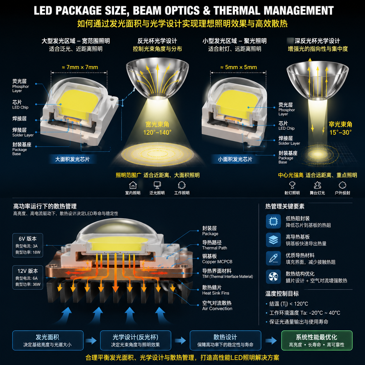 CREE XHP70.2与Luminus SST70 LED封装尺寸、发光面积、光束形成原理及散热结构的对比示意图。