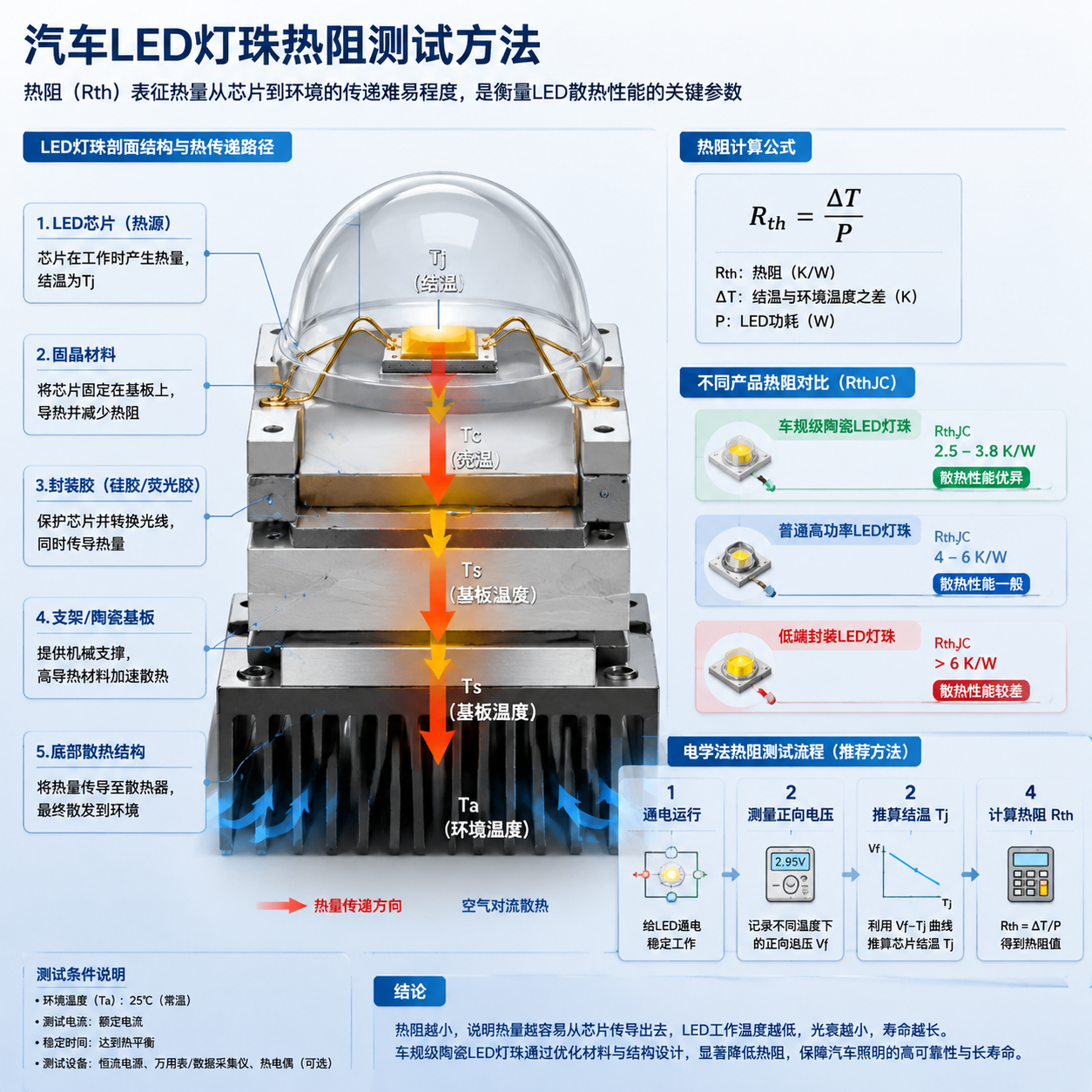 汽车LED灯珠热阻测试原理示意图,横版工程风格展示灯珠剖面热传递路径、Rth=ΔT/P公式及车规级陶瓷LED灯珠2.5-3.8 K/W等热阻对比,搭配电学法测试流程