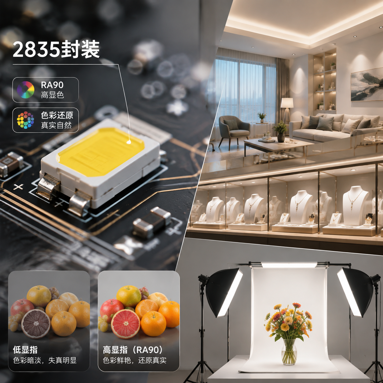 横版构图展示高显指LED灯珠选型核心场景：左侧2835封装LED贴片灯珠精细微距结构展示（可见小尺寸贴片、PCB线路和发光区域），右侧延伸室内照明、商业展示柜、摄影补光三个应用场景融合画面，通过自然光与LED光源对比突出色彩还原重要性，融入简洁参数标识“2835封装”“RA90高显色”“色彩还原”等技术元素，科技产品摄影风格，光线柔和、细节清晰