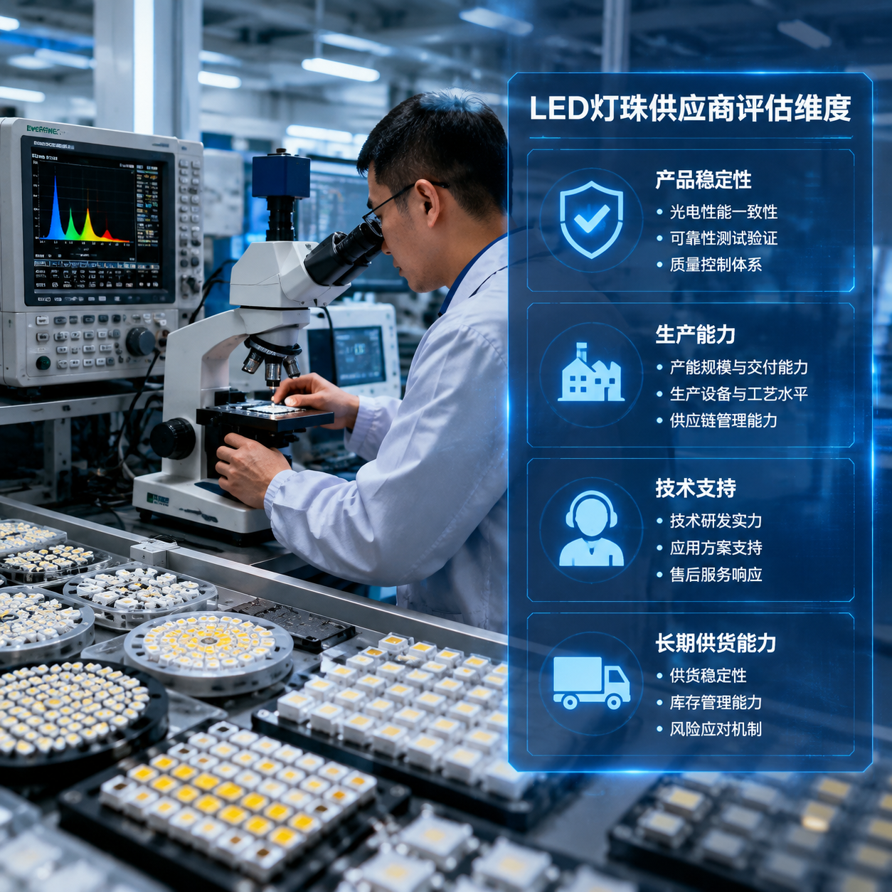 横版科技工业场景，作为文章开篇主题图，展示采购企业评估贴片 LED 灯珠供应商的核心过程。画面左侧为精密电子元件检测区域，放置多排 SMD 贴片 LED 灯珠样品盘，包含不同尺寸封装元件；中间展示工程师使用显微检测设备观察 LED 灯珠光学性能，旁边有光电测试仪器和数据监控屏；右侧以数字化界面形式呈现供应商评估维度，包括产品稳定性、生产能力、技术支持、长期供货能力四个模块。整体体现从产品检测到供应商选择的完整评估逻辑，采用真实工业摄影风格，蓝白色科技光影，突出精密制造和品质管理氛围，横向构图适合公众号头图展示。English note: industrial LED supplier evaluation scene, precision electronics inspection, technology manufacturing style, wide composition.