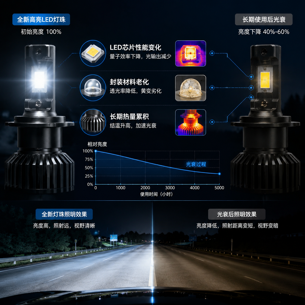 汽车LED光衰亮度对比概念图
