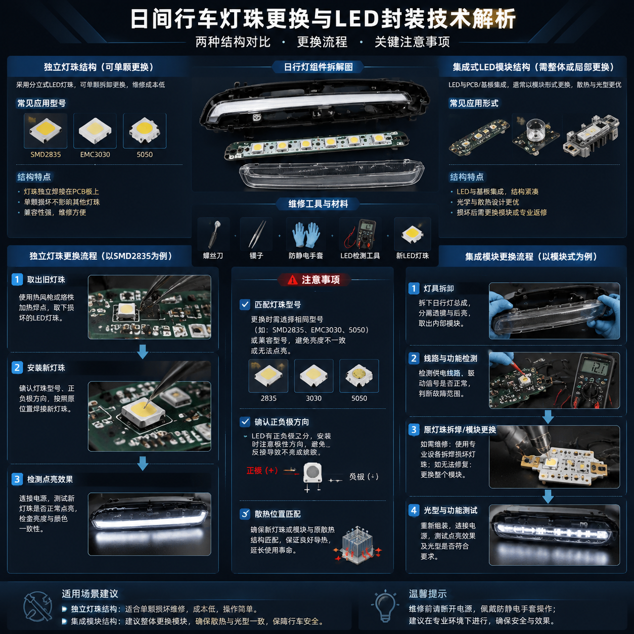 横版技术示意图,围绕日间行车灯珠更换与LED封装技术展开,展示独立式LED灯珠和模块式LED结构的区别。画面中心为拆开的日行灯组件,依次呈现螺丝刀、镊子、防静电手套、LED检测工具、新LED灯珠等维修工具;左侧展示独立灯珠结构,突出可拆卸更换损坏LED灯珠的流程,包括取出旧灯珠、安装新灯珠、检测点亮效果;右侧展示集成式LED模块结构,表现灯具拆卸、线路检测、原灯珠拆焊和光型测试步骤。加入SMD2835、EMC3030、5050等常见LED应用型号文字元素,但不出现品牌信息;突出灯珠型号、正负极方向、散热位置匹配的重要性。采用专业汽车电子维修图解风格,清晰分层,横版排版。English note: automotive LED repair diagram, SMD LED components, replacement process, technical infographic style.