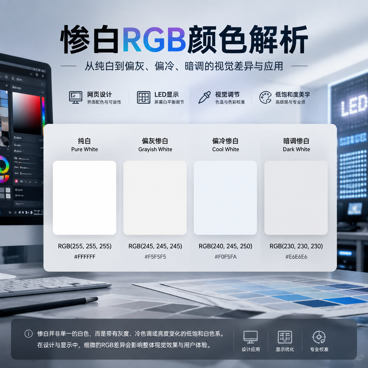 惨白RGB颜色解析示例图,展示从纯白到偏灰、偏冷、暗调惨白的RGB数值渐变与视觉效果对比