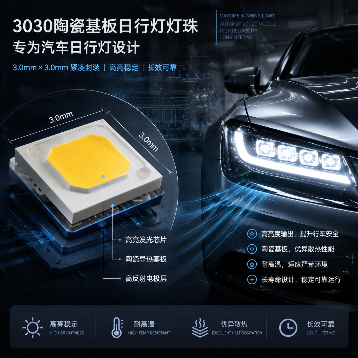 横版科技产品展示图,主题为3030陶瓷基板日行灯灯珠在汽车照明中的应用。画面左侧展示微距视角的3030 LED灯珠结构,突出3.0mm×3.0mm紧凑封装尺寸、陶瓷导热基板层和发光芯片;右侧展示安装在汽车前灯模组中的日间行车灯点亮效果,体现长时间高亮工作的场景。背景加入汽车工程设计元素、散热路径光效线条,突出亮度稳定、耐高温和长期可靠运行的核心价值,整体采用高端工业摄影风格,横向构图适合文章开篇。