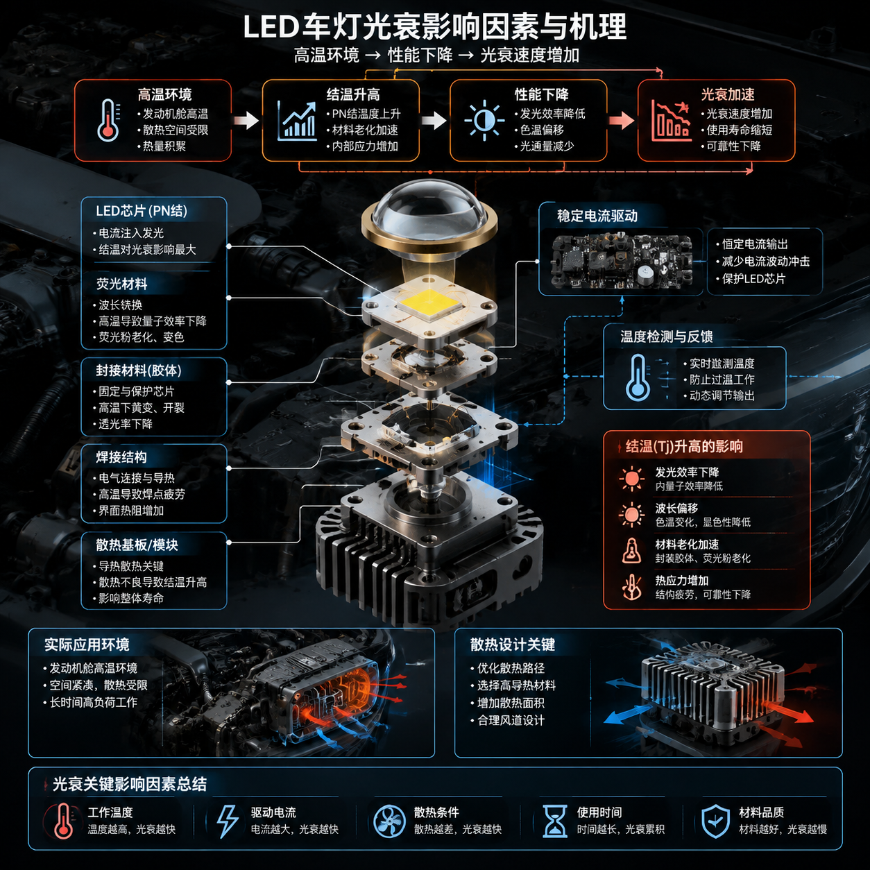 横版构图，围绕LED车灯光衰影响因素制作技术原理示意图。画面中心是一颗汽车LED灯珠结构拆解模型，展示LED芯片、封装材料、焊接结构和散热模块，周围通过信息标注展示工作温度升高、结温增加、发光效率下降、封装材料老化等关系。加入稳定电流驱动模块和温度检测元素，用流程箭头表现“高温环境→性能下降→光衰速度增加”的过程。背景结合汽车发动机舱内部有限空间和散热结构设计场景，体现实际车灯应用环境，采用清晰工业设计信息图风格，不出现任何品牌标识。 English note: LED package structure and thermal management infographic for automotive lighting.