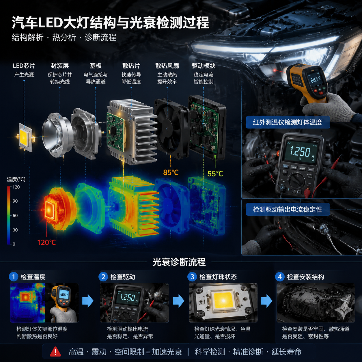 横版技术原理示意图，展示汽车LED大灯内部结构与光衰检测过程。画面中心为拆解后的LED大灯组件，包括LED芯片、封装层、基板、散热片、散热风扇和驱动模块，使用热成像效果突出工作温度区域；旁边展示红外测温仪检测灯体温度、检测驱动输出电流稳定性的实际场景，并加入流程箭头“检查温度 → 检查驱动 → 检查灯珠状态 → 检查安装结构”。背景为汽车发动机舱附近的大灯安装环境，体现高温、震动、空间限制对散热设计的影响，科技工业插画风格，细节清晰，横版排版。