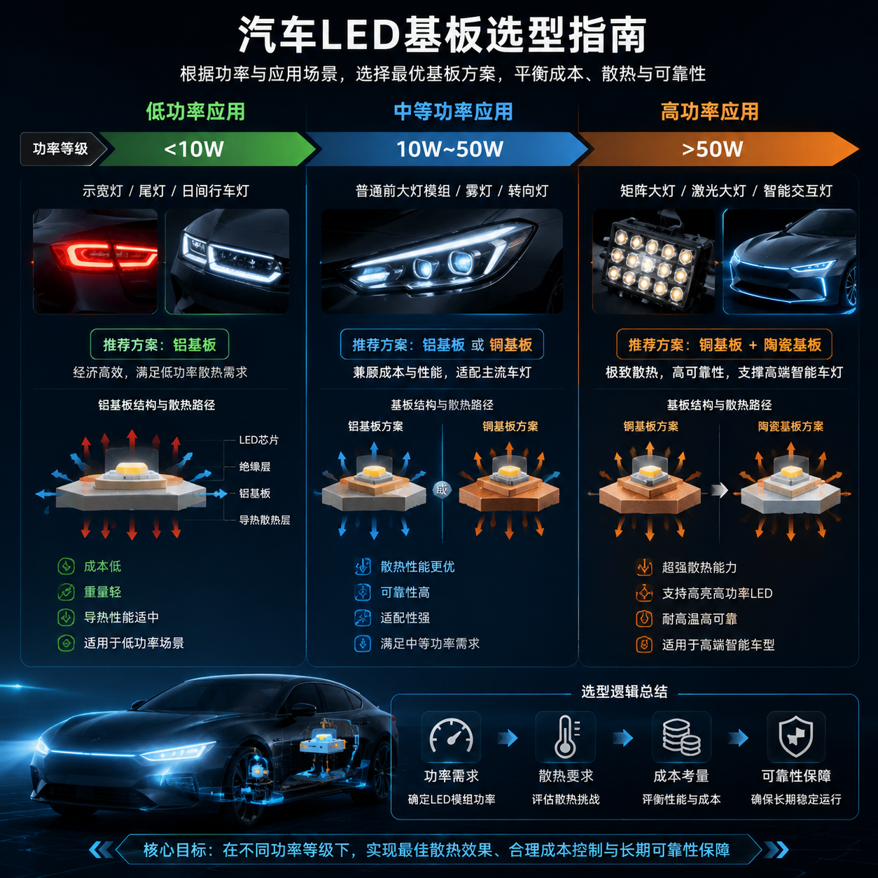 车灯灯珠基板材质对比(铝基铜基陶瓷基选型指南)