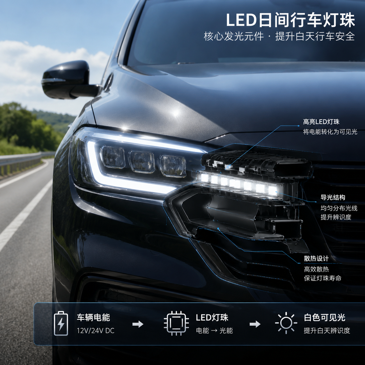 横版汽车照明主题实景图,展示一辆现代汽车前脸在白天道路环境中的日间行车灯工作状态,重点突出LED日间行车灯珠作为核心发光元件的作用。画面左侧为车辆正常点亮的白色LED日行灯,右侧通过局部透明拆解效果展示灯具内部结构,包括排列整齐的微型LED灯珠、导光结构和散热区域;加入轻微科技感信息标注,表现LED灯珠将车辆电能转化为可见光,提高白天车辆辨识度的工作原理。整体采用高清汽车产品摄影风格,真实光线,横向构图,适合公众号文章开篇吸引阅读。English note: realistic automotive LED daytime running light concept, exploded view, daylight road scene, horizontal composition.