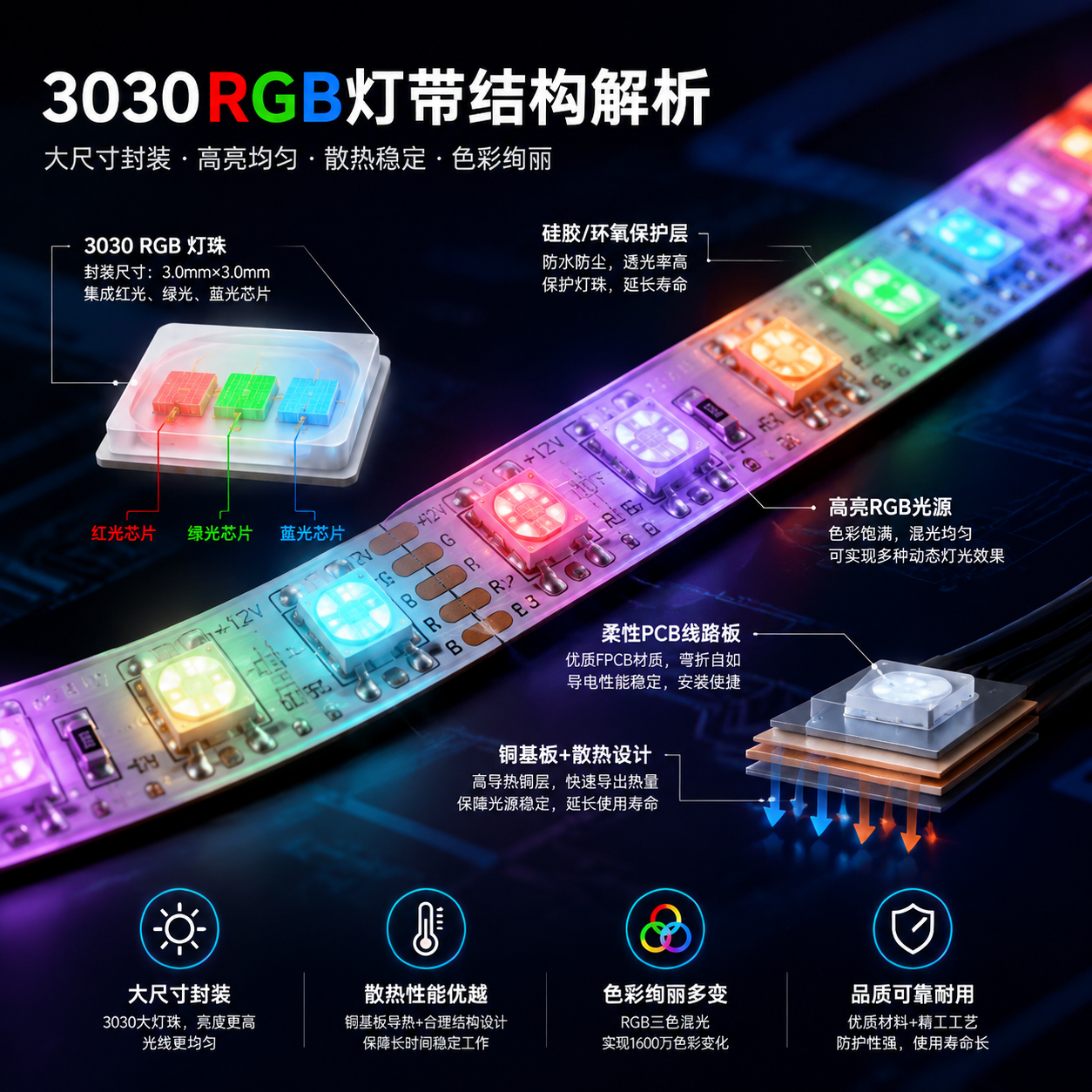 3030RGB灯带整体结构与多彩发光效果图