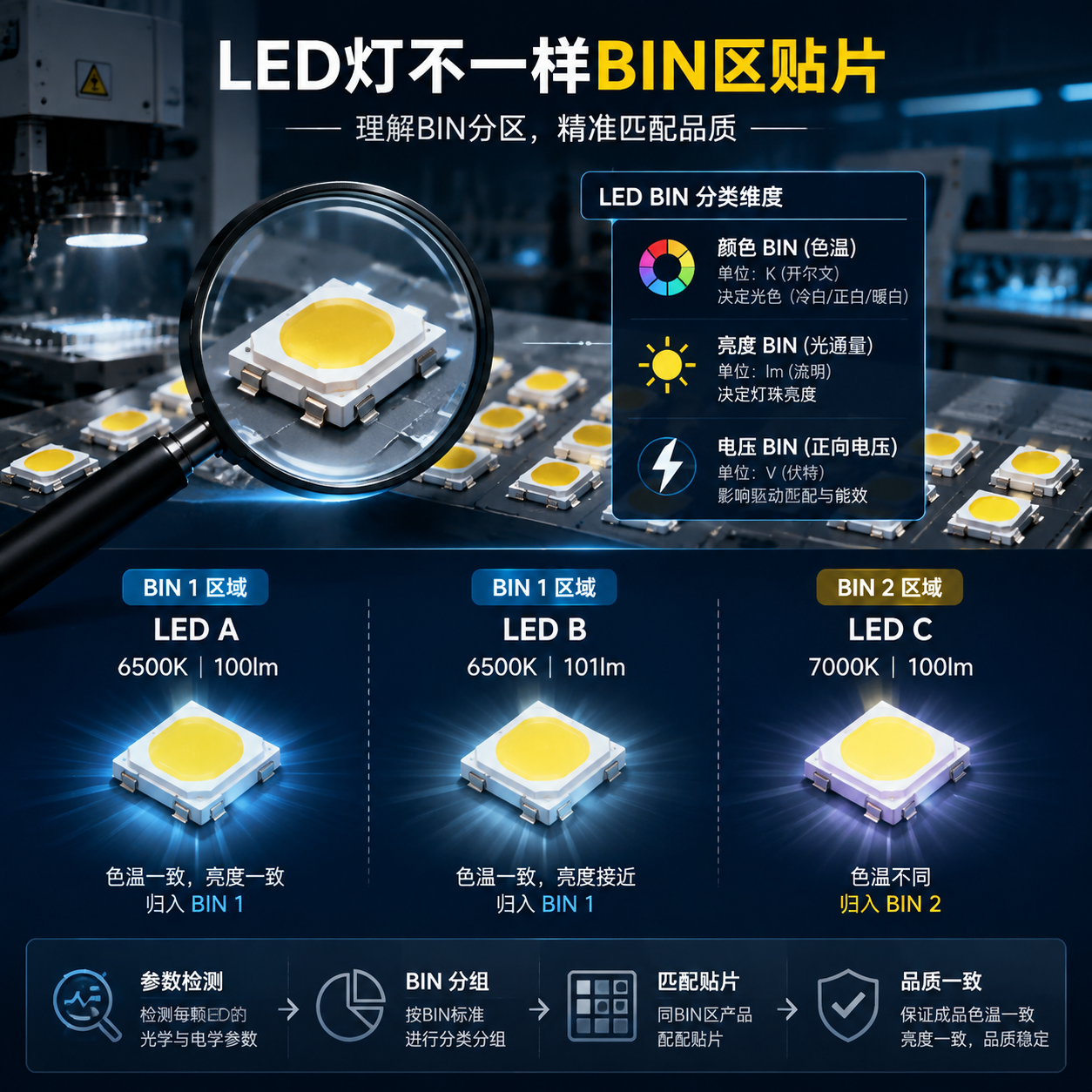 LED灯不同BIN区贴片概念图，展示颜色、亮度、电压BIN分类及LED参数差异对比