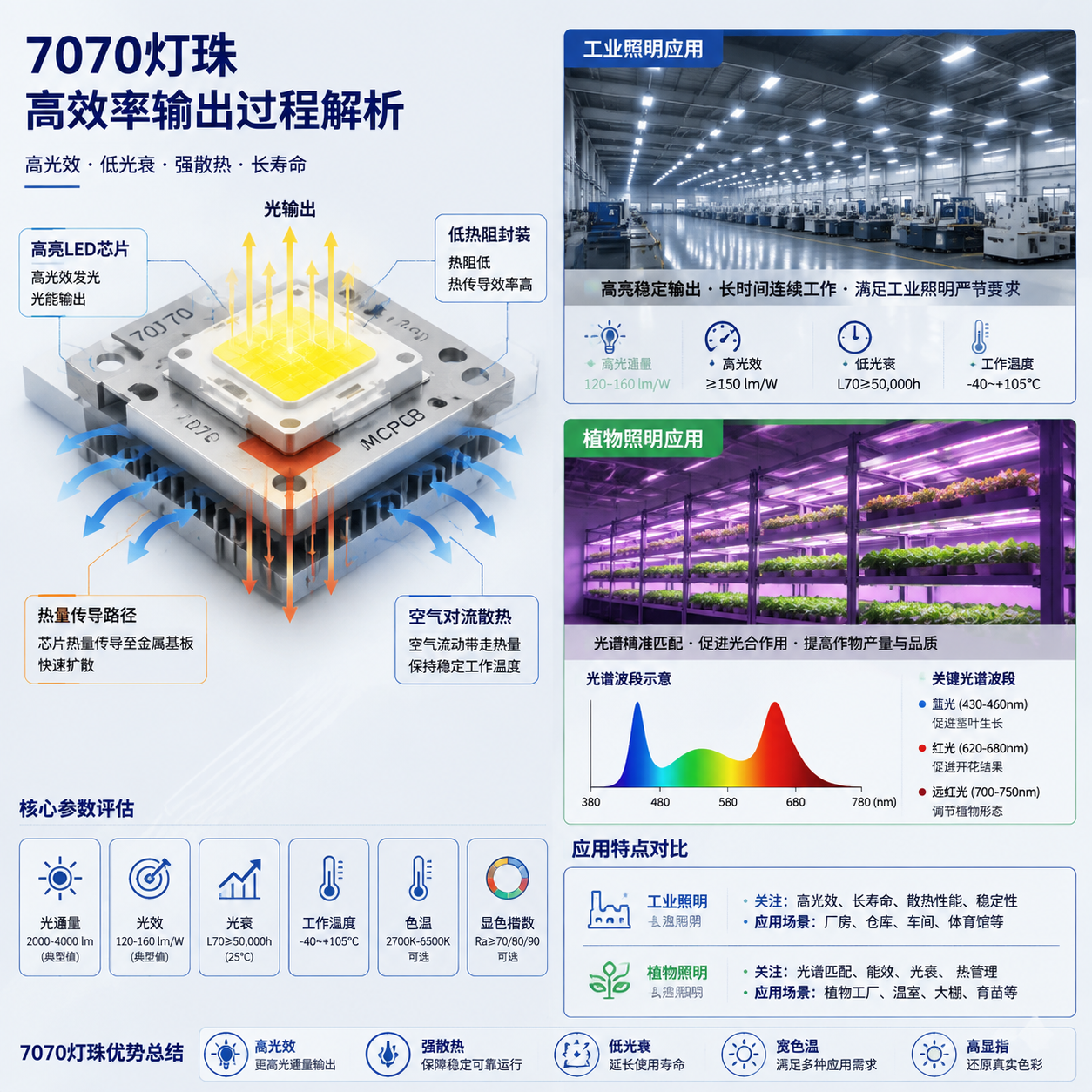 7070灯珠散热管理原理及其在工业照明和植物照明中的应用