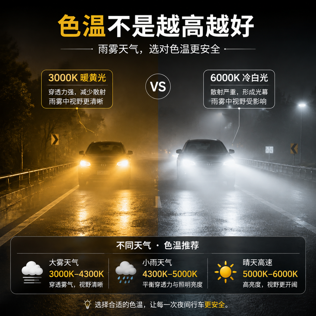 雨雾夜间汽车行驶场景对比图,左侧显示3000K暖黄色光照射湿润道路清晰可见车道线,右侧显示6000K冷白光形成白色光幕,突出色温不是越高越好,横版汽车照明科普插画