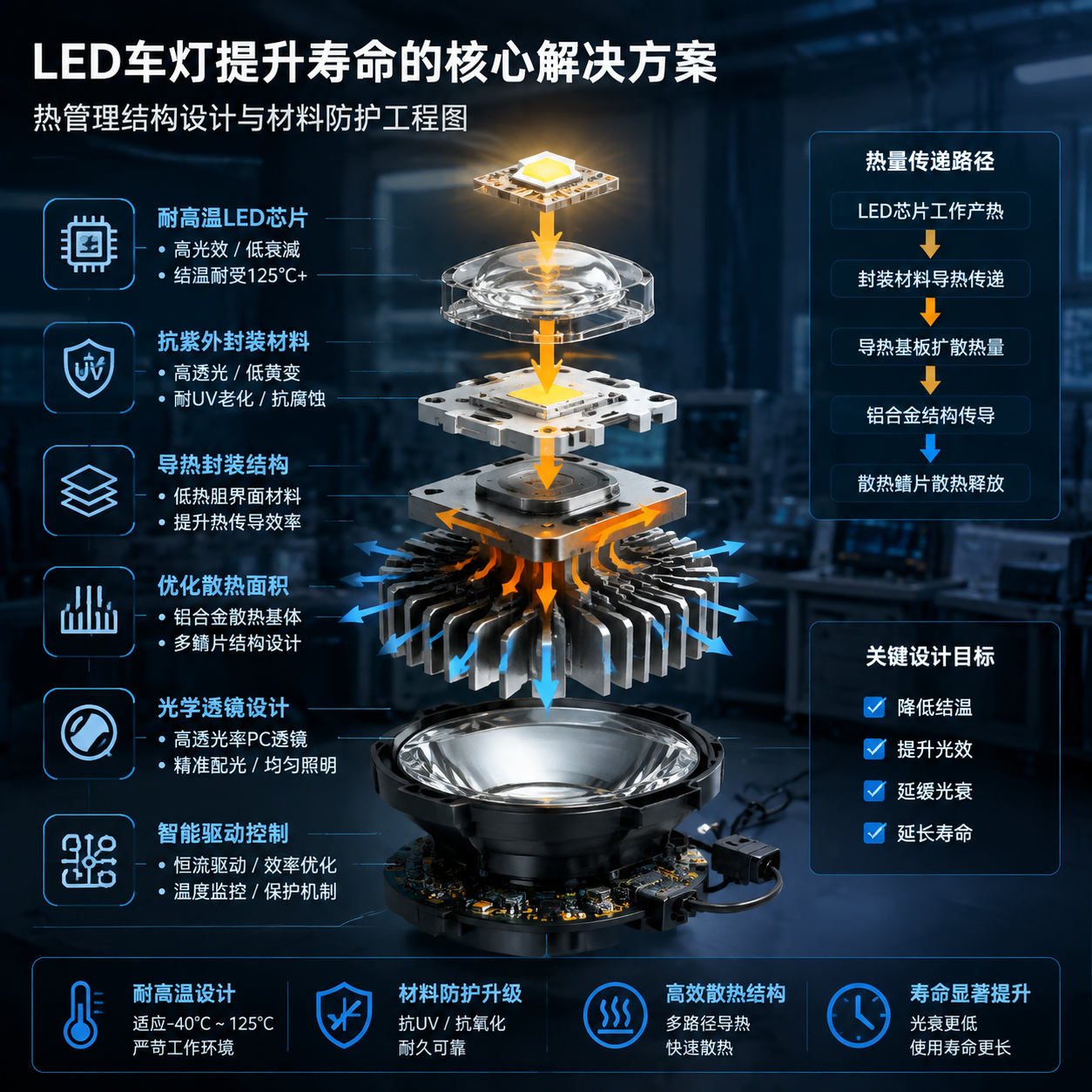 横版工业技术示意图，展示LED车灯提升寿命的核心解决方案。画面中心为拆解状态的LED车灯结构模型，从上到下清晰展示LED芯片、封装材料、铝合金散热结构、散热鳍片、透镜和电路控制模块。重点突出热量传递路径，用箭头表现LED工作产生的热量从灯珠区域传递到金属散热结构并释放，同时标注耐高温LED芯片、抗紫外封装材料、优化散热面积等关键设计元素