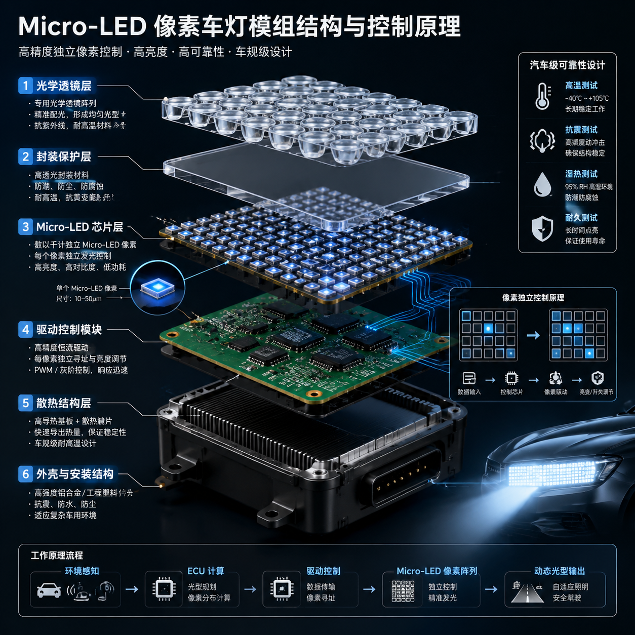 Micro-LED像素车灯灯珠的3D拆解示意图,展示了芯片层、封装层、驱动模块、散热结构和光学透镜组件,并配有汽车级环境可靠性图标。