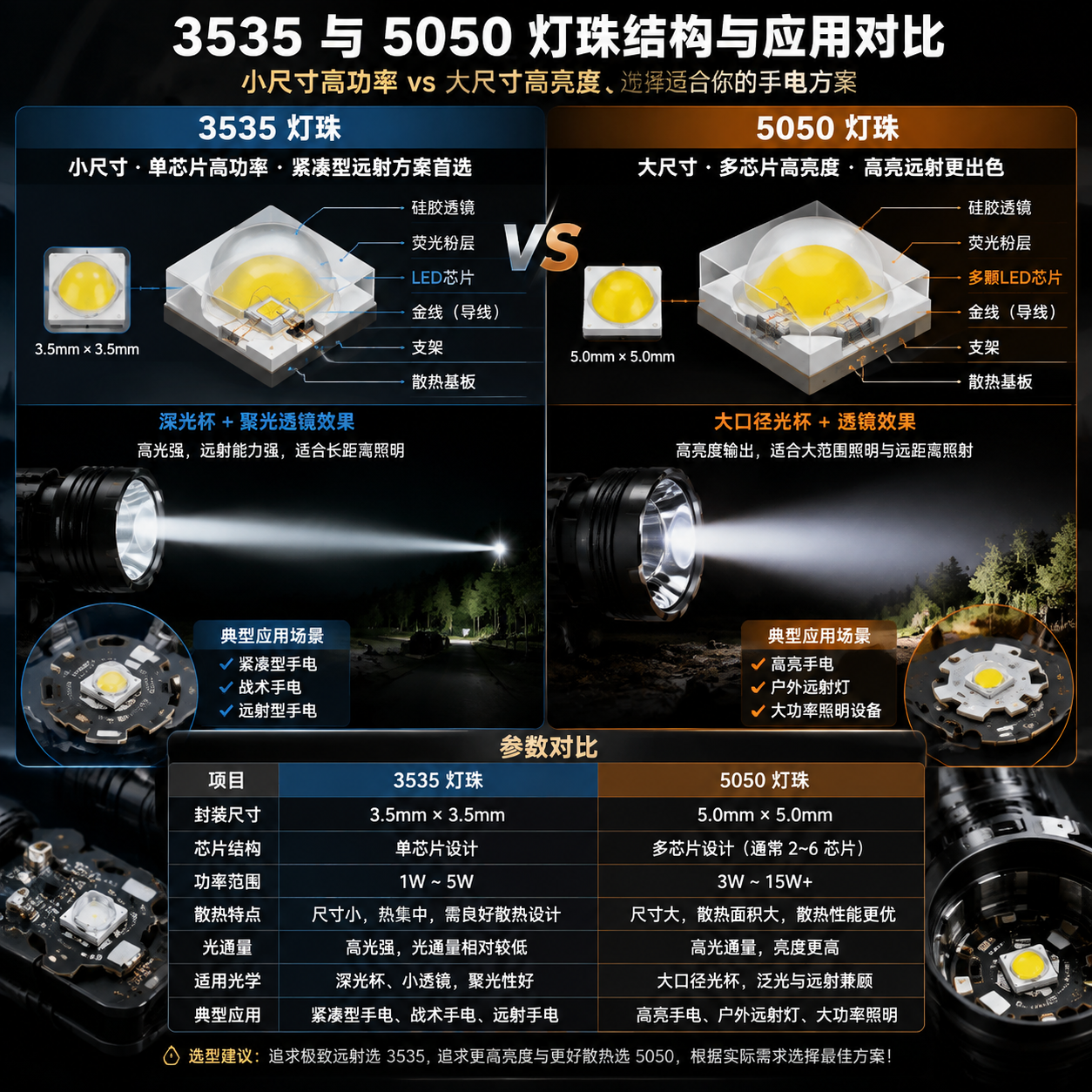 3535和5050灯珠结构与应用差异对比图,显示其在尺寸、芯片布局及光学系统匹配上的特点