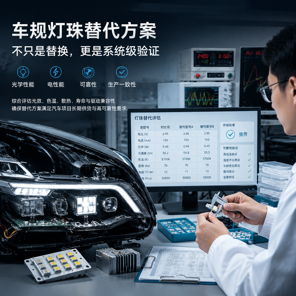 横版构图,表现汽车照明供应链替代方案的开篇场景。画面左侧展示一套正在拆解分析的汽车LED车灯模组,内部可见小型LED灯珠阵列、线路板和散热结构;右侧展示工程师在实验室中对原有灯珠型号进行参数比对和替代评估,背景有测试仪器、样品盒和质量检测流程。突出“车规灯珠替代不是简单更换,而需要综合确认光学、电性能、可靠性和生产一致性”的主题,体现汽车项目长期供货风险评估、高可靠性验证的专业氛围。整体采用真实工业摄影风格,冷色科技光影,适合公众号文章首图,横向宽幅布局。English note: automotive LED replacement evaluation laboratory scene, industrial technology photography, wide composition.