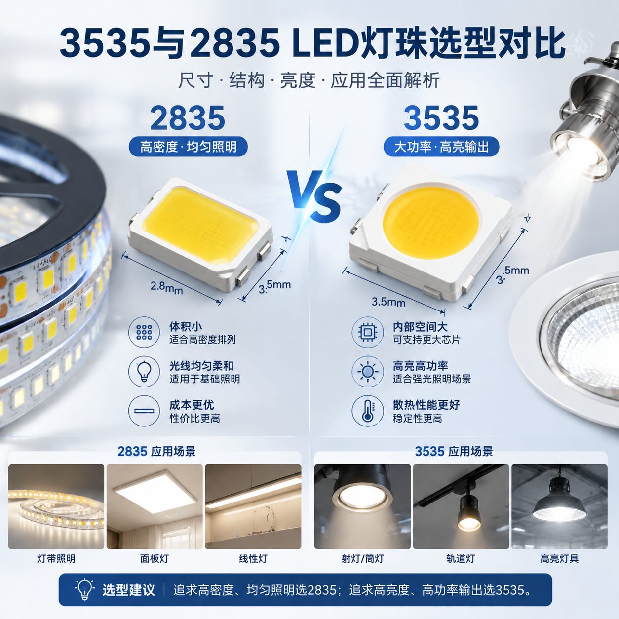 2835与3535 LED灯珠尺寸与应用对比图，展示两种封装类型的微观结构和典型应用场景