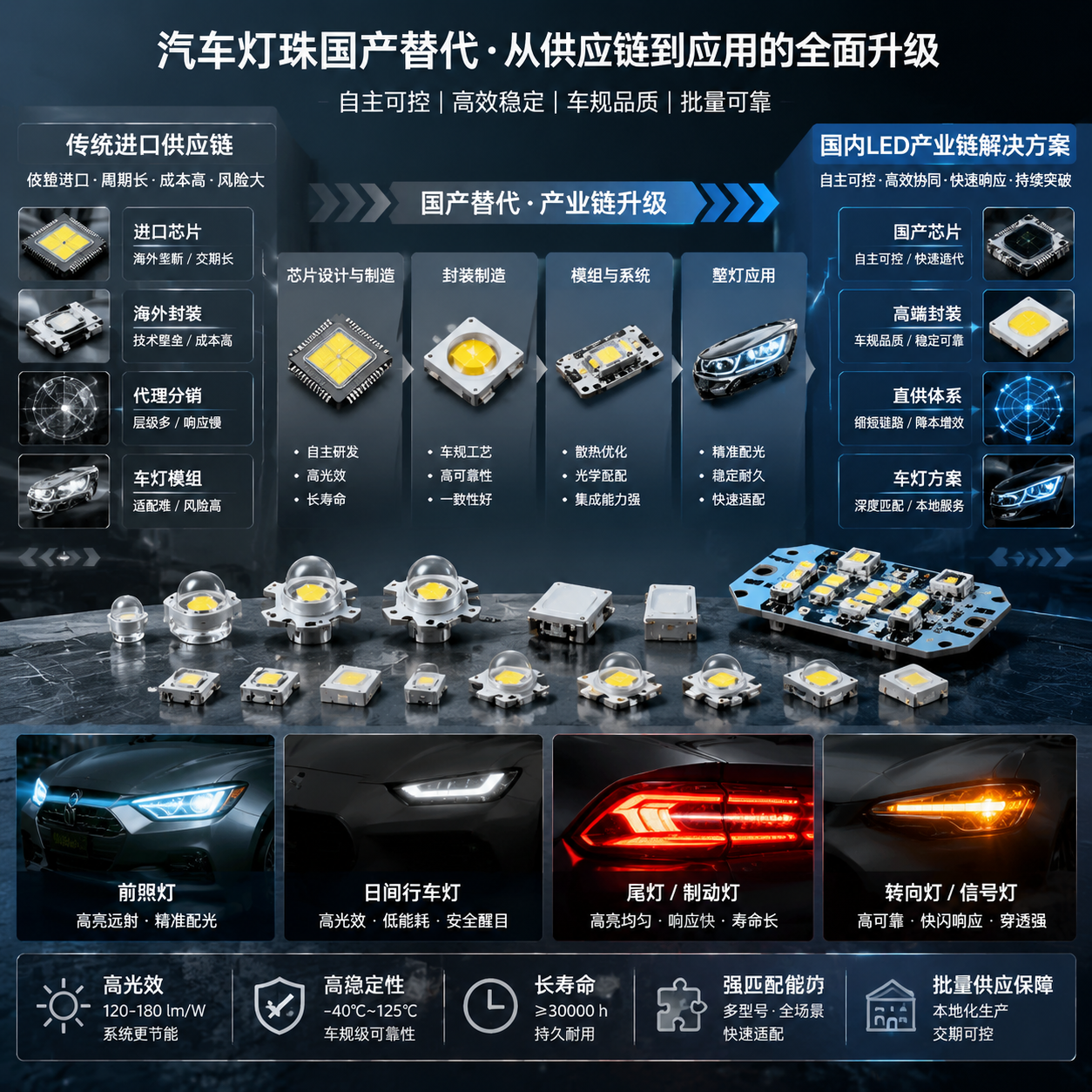 汽车灯珠国产替代主题供应链场景:左侧传统进口灯珠供应链,右侧国内LED产业链升级,展示芯片封装到车灯模组的配套能力提升,前景为前照灯、日间行车灯、尾灯、转向灯等应用位置,体现光效稳定性寿命匹配能力和批量供应风险
