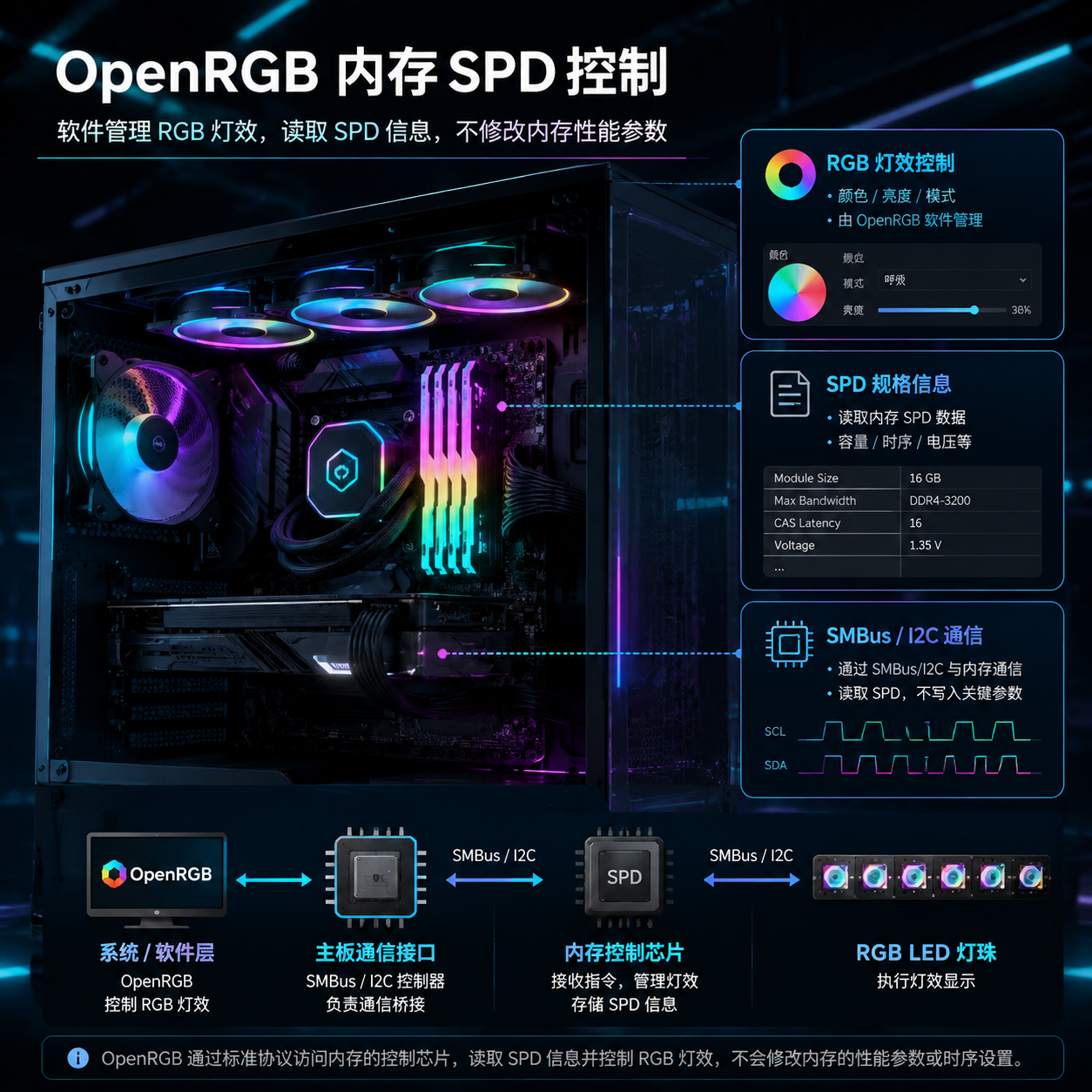 OpenRGB内存SPD控制核心概念图,展示RGB灯效控制、SPD规格信息及通信原理
