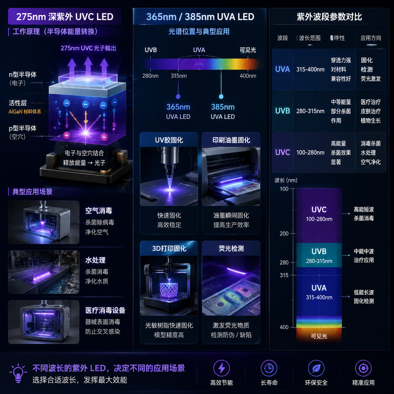 紫外LED波长分类及应用原理图,展示275nm UVC消毒原理及水处理、空气消毒应用,365nm/385nm UVA固化、检测应用,以及UVA、UVB、UVC波段范围
