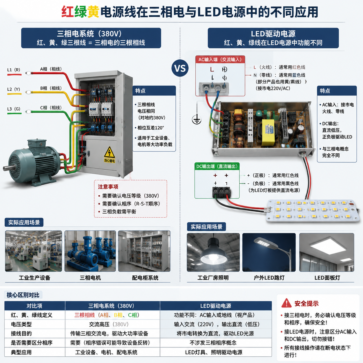 三相电与LED电源红绿黄线接法对比原理示意图：左侧380V三相电场景，三根红黄绿色相线连接工业控制柜，标注需确认电压等级和相序；右侧LED驱动电源结构拆解图，展示交流输入端L/N与直流输出端+ -，连接LED灯板，通过分区对比突出三相与LED接线逻辑差异