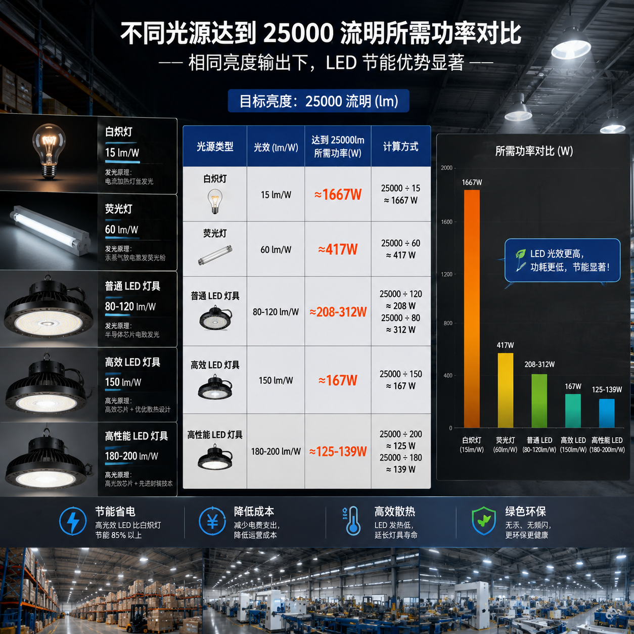 不同光源达到25000流明所需功率对比图,展示LED节能优势