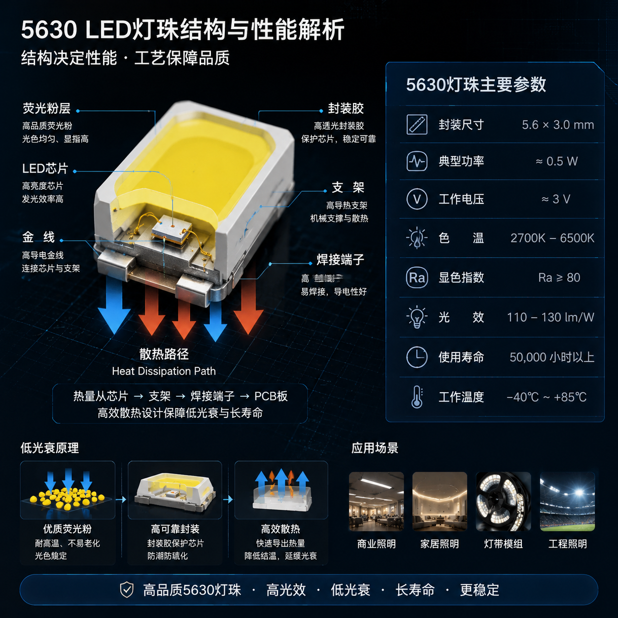 横版技术解析图，放置于文章中段核心参数区域，展示5630灯珠结构与性能关系。画面采用剖面拆解示意形式，中心为一颗放大的SMD LED封装结构，依次标注LED芯片、荧光粉、封装胶、支架、金线等内部组成，并通过箭头连接散热路径示意。右侧加入参数信息板，清晰呈现“封装尺寸5.6×3.0mm、典型功率约0.5W、工作电压约3V、色温2700K-6500K、显色指数Ra80以上、光效110-130lm/W”等数据。整体风格为专业电子元器件工程图与真实工业渲染结合，突出材料、散热和低光衰原理，横版构图。 English: LED package structure diagram with engineering details and parameter visualization, horizontal composition.