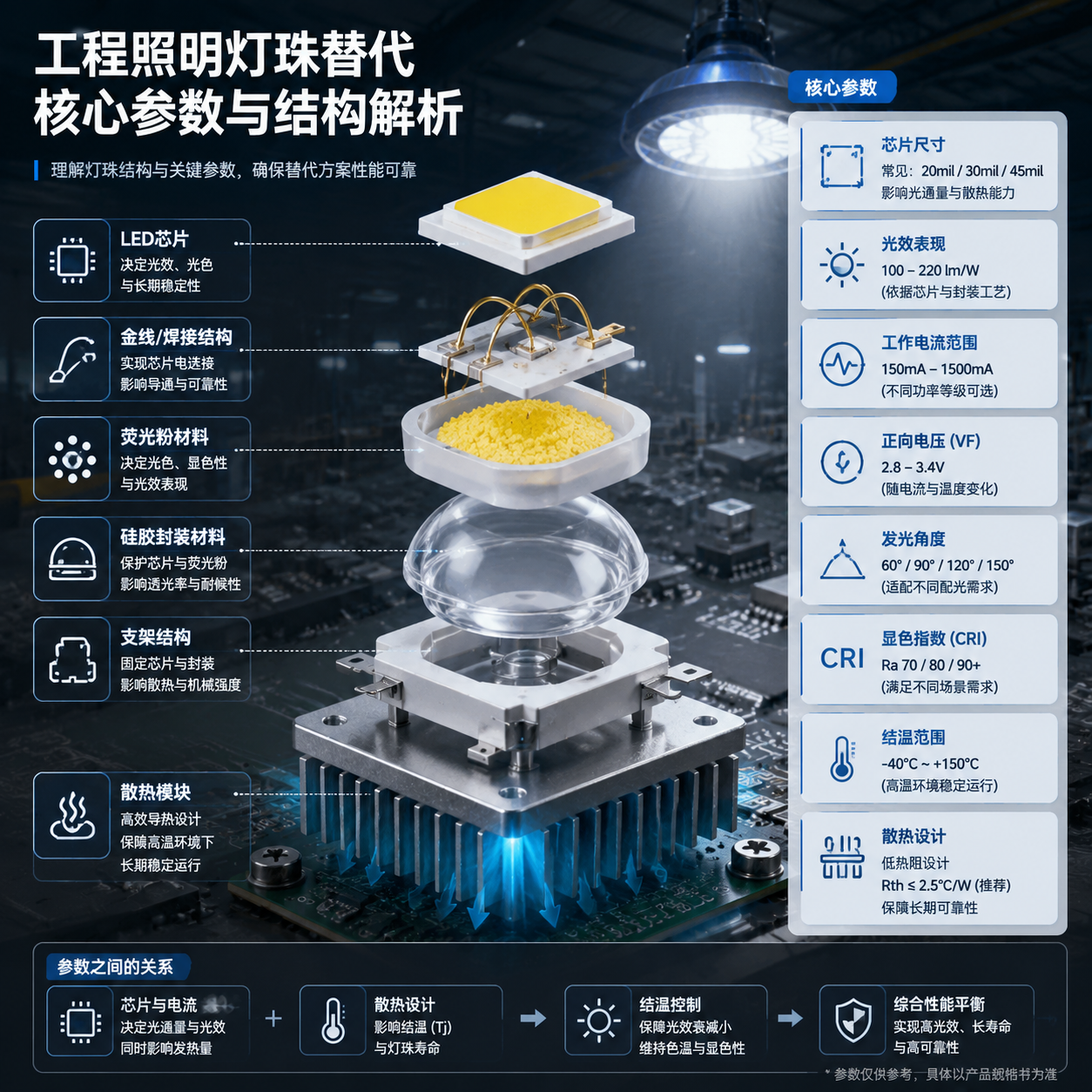 横版技术原理示意图,展示工程照明灯珠替代时需要关注的核心参数。画面中心为一颗LED灯珠结构拆解模型,从上到下展示LED芯片、金线或焊接结构、荧光粉材料、硅胶封装材料、支架结构,并连接到散热模块,旁边以简洁参数卡片展示芯片尺寸、光效表现、工作电流范围、正向电压、发光角度、散热设计等关键指标。背景结合工业灯具PCB和金属散热结构,体现高温环境、厂房照明中的长期运行需求。采用专业工程技术插画风格,结构清晰,适合解释封装工艺、光学参数和散热能力之间的关系。English note: LED package exploded diagram, technical parameters visualization, engineering lighting system.