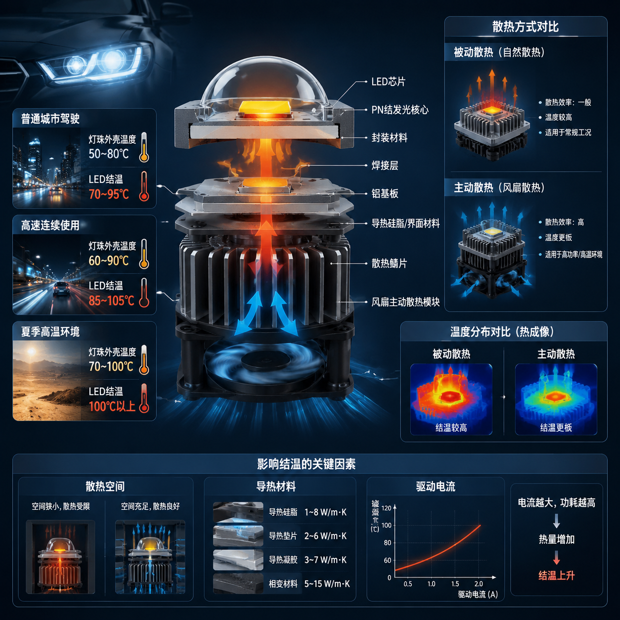 汽车LED灯珠结温控制和散热方式技术原理展示图：横版，中心LED灯珠拆解结构（芯片、PN结、封装、铝基板、散热鳍片、风扇），热流线显示热量路径，旁边温度参数可视化（普通城市驾驶灯珠外壳50-80℃结温70-95℃、高速60-90℃85-105℃、夏季高温结温100℃以上），对比被动散热与主动散热效果，汽车工程技术分析图，专业清晰，16:9横版