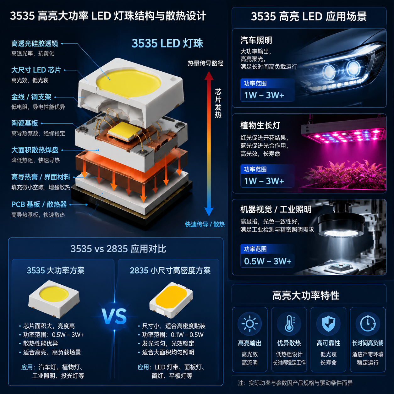 3535 LED灯珠内部结构剖面及高功率应用场景示意图，展示散热设计与汽车照明、植物灯等典型应用