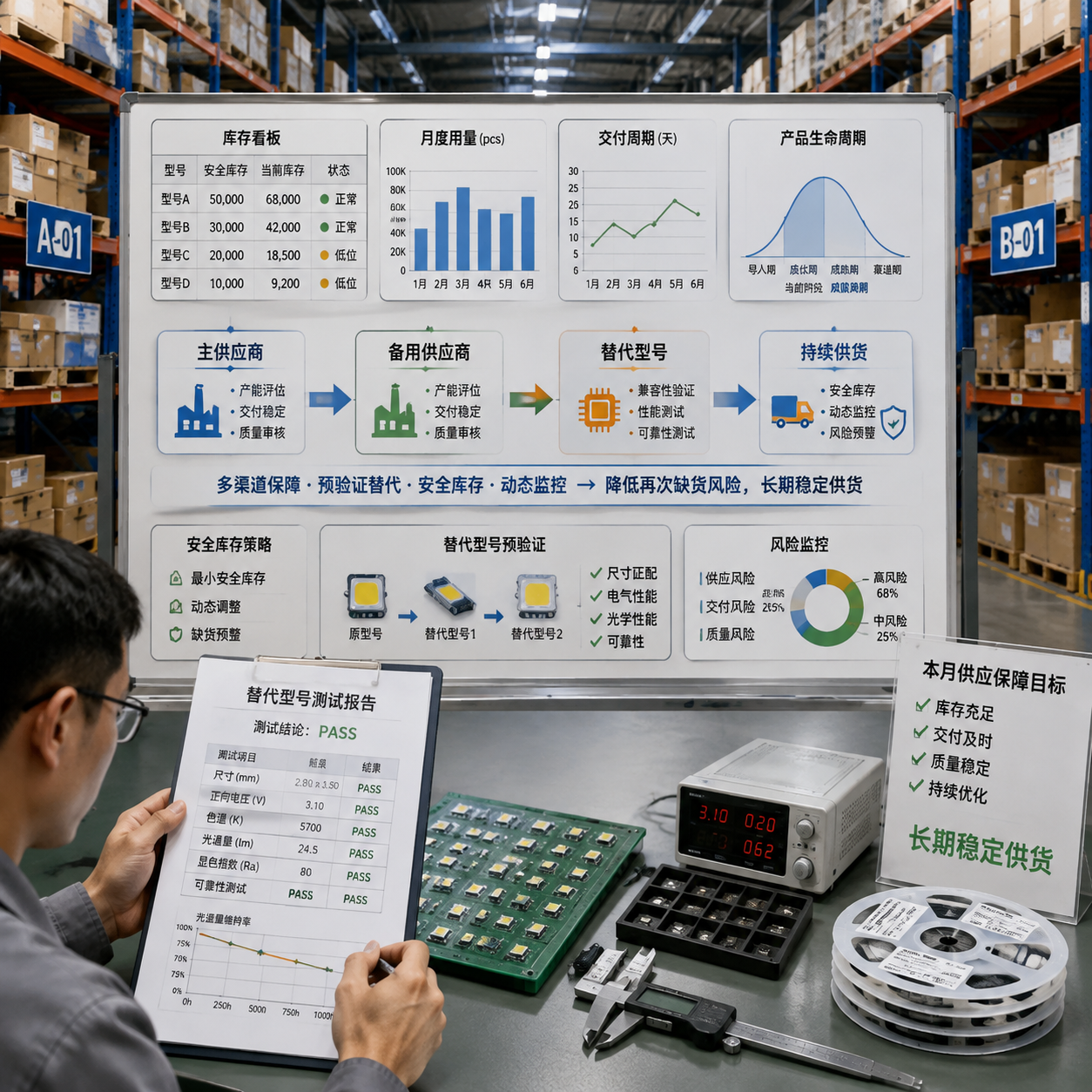 横版构图，企业供应链管理与仓储实景照片风格，展示电子元器件仓库、安全库存货架、两家以上供应渠道示意、工程师审核替代型号测试报告，画面包含库存看板、月度用量、交付周期、产品生命周期、替代型号预验证等信息元素，以流程箭头表现“主供应商→备用供应商→替代型号→持续供货”的供应保障方案，整体突出降低再次缺货风险与长期稳定供货，不出现任何品牌标识，自然工业照明，现代制造企业氛围。English: Wide warehouse and supply chain management scene, safety stock, backup suppliers, LED continuity planning.