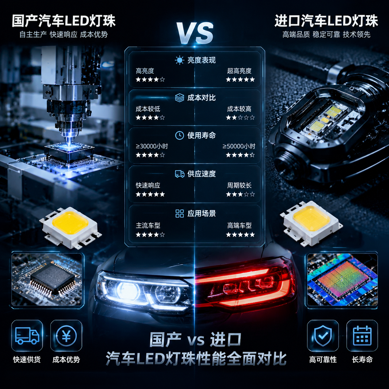 国产与进口汽车LED灯珠性能对比的主题头图:左侧国产LED灯珠生产场景(自动化设备、SMD样品、芯片显微结构),右侧进口高端对比展示,中间嵌入汽车前大灯和尾灯内部LED光源模块,五个维度信息面板,科技工业摄影风格,冷色实验室光影,横版排版