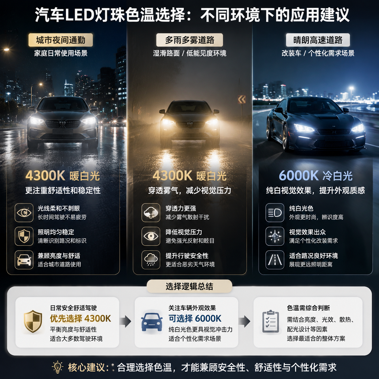 汽车灯珠色温4300K和6000K对比(LED车灯色温选择指南)