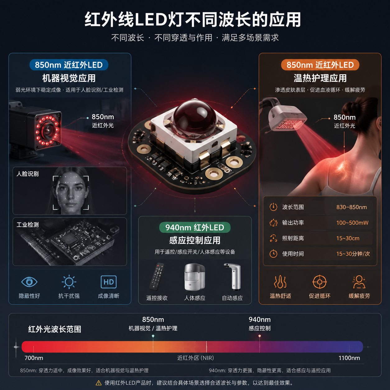 红外线LED灯在机器视觉和温热护理中的实际应用图,涵盖850nm机器视觉、人脸识别与温热理疗效果展示