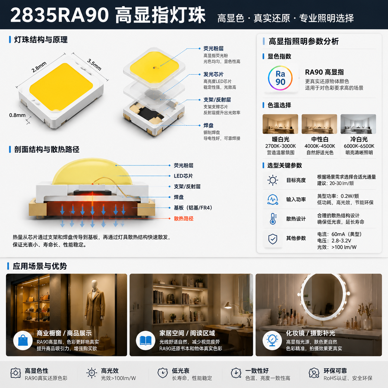 横版构图围绕2835RA90灯珠核心原理和选型参数制作技术示意图：画面中心为LED灯珠结构拆解视图（展示2835封装尺寸、芯片、荧光粉层、焊盘及散热路径剖面关系），旁边搭配高显指照明参数分析面板，体现“显色指数RA90”“暖白光、中性白、冷白光色温选择”“目标亮度、输入功率、散热结构”等选型因素，背景结合商业橱窗、家居空间、摄影补光灯具的缩略应用案例，专业LED工程技术图风格