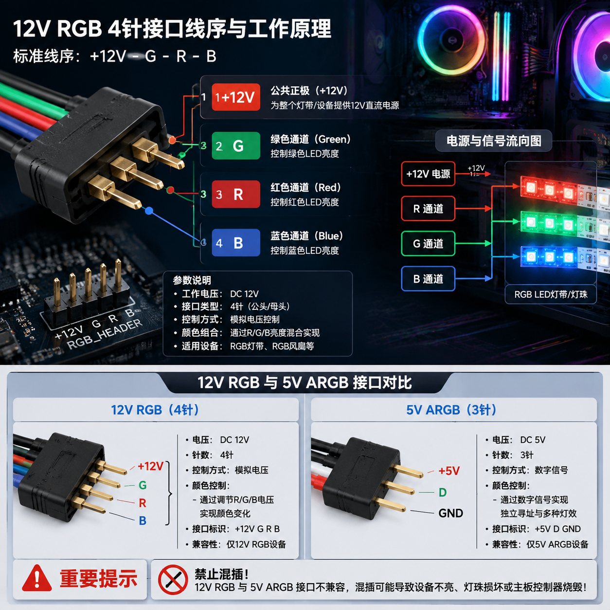 12V RGB 4针接口线序原理图,展示+12V-G-R-B针脚功能及与5V ARGB 3针接口的区别