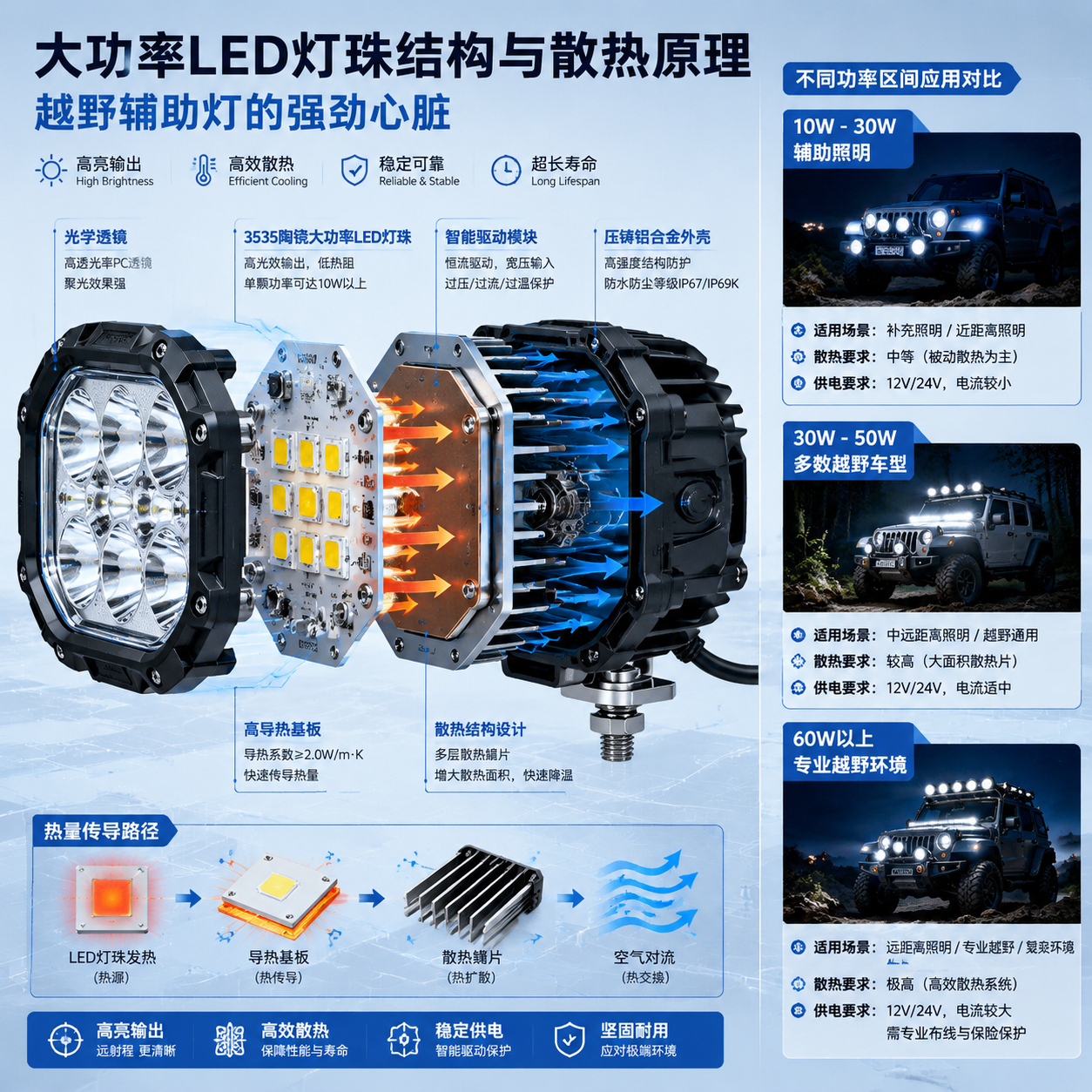 横版技术示意图展示大功率LED灯珠在越野辅助灯中的结构与散热原理,中央拆解状态LED灯具模块突出3535陶瓷大功率LED灯珠、驱动模块、散热结构与外壳关系,用半透明剖面展示热量传导路径,旁边加入10W-30W、30W-50W、60W以上功率区间对比标注辅助照明、多数越野车型、专业越野环境应用方向,专业工业设计信息图风格蓝白科技感横版布局