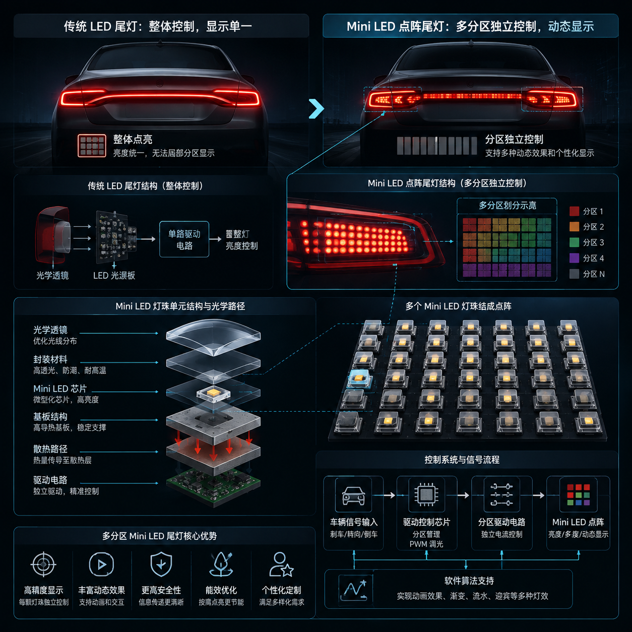 多分区 Mini LED 尾灯点阵灯珠(智能汽车尾灯应用解析)