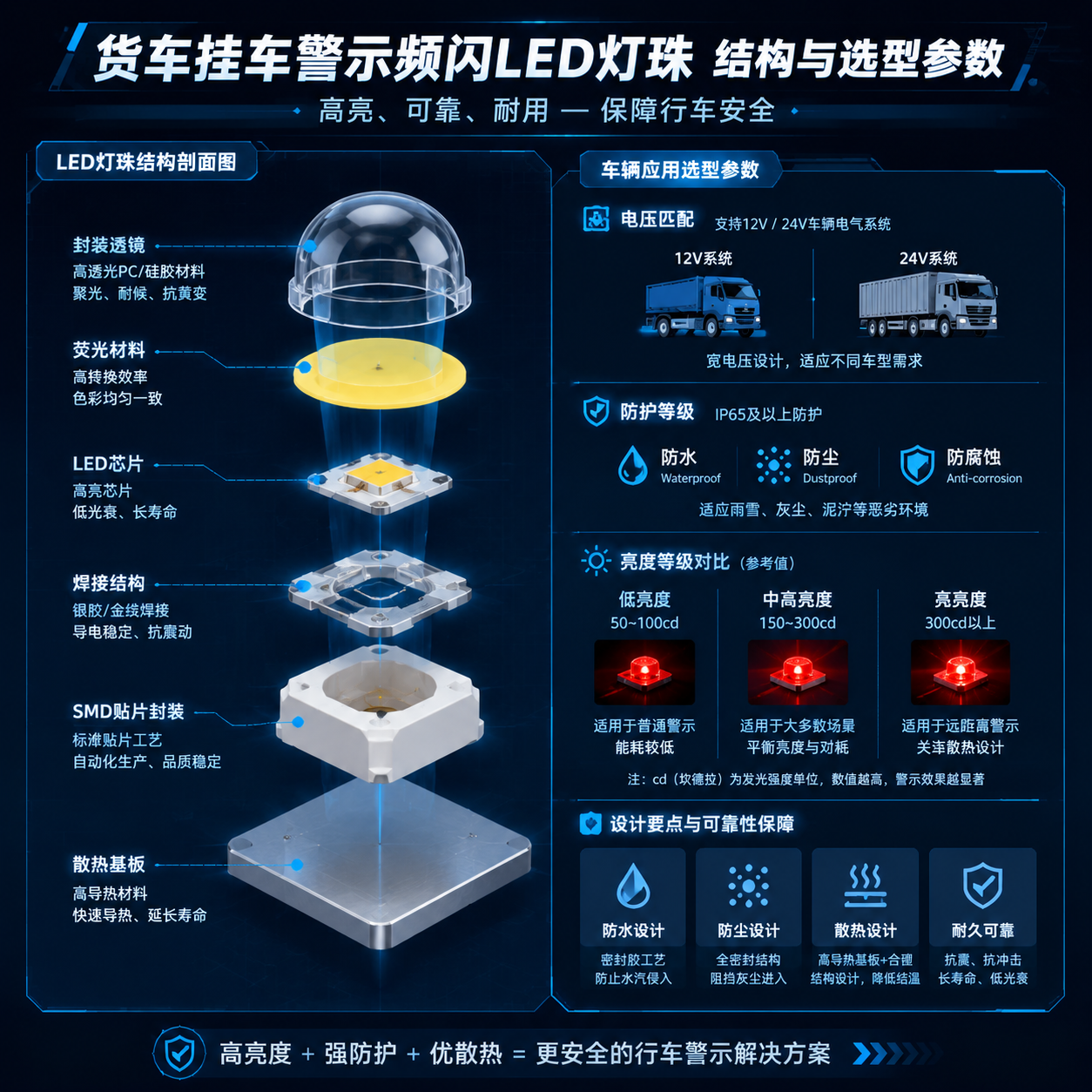 横版技术示意图,展示货车挂车警示频闪LED灯珠的结构与选型参数可视化场景。画面左侧为LED灯珠剖面拆解,包括LED芯片、焊接结构、荧光材料、封装材料、SMD贴片封装和散热基板;右侧展示车辆应用参数信息板,包含12V与24V车辆电气系统匹配、防护等级IP65及以上、亮度等级对比(低亮度、中高亮度、高亮度)以及防水、防尘、散热设计要点。整体采用清晰科技信息图风格,突出灯珠性能与可靠性的关系,避免品牌元素,使用工业蓝图视觉、精密标注、横版布局。English note: LED component technical infographic with voltage, IP65 protection and thermal design details, wide layout.