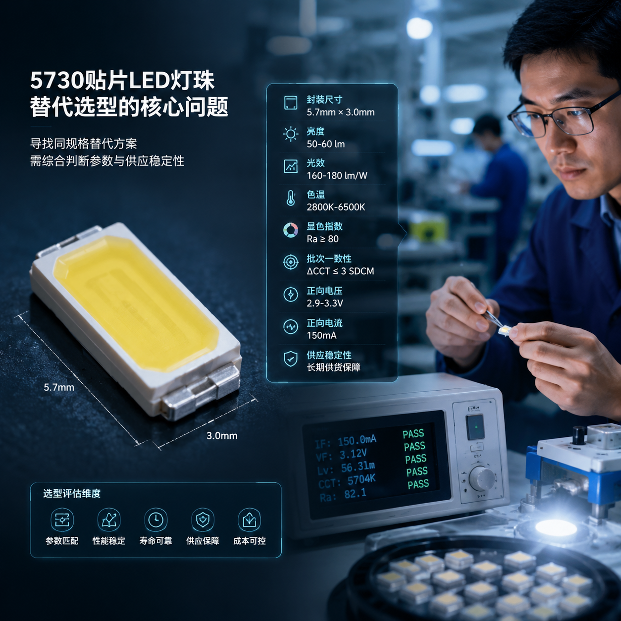 横版科技产品展示图，左侧放大的5730 LED灯珠实物微距视角（5.7mm×3.0mm封装、焊盘、发光区域），右侧工程师采购评估场景与参数检测仪器，背景照明生产线，展示同规格替代选型核心问题，工业摄影风格