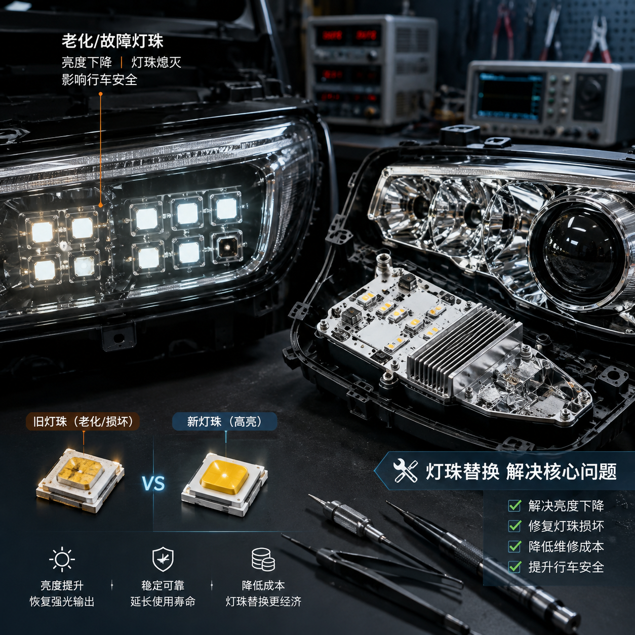 汽车LED大灯故障模块新旧灯珠对比维修工作台实拍
