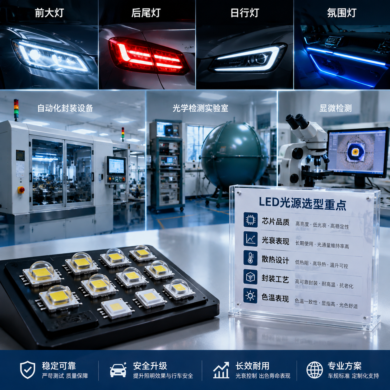 横版汽车LED光源应用解决方案场景，放置在文章结尾总结部分。画面展示专业化LED光源生产与检测应用环境，包括自动化封装设备、检测实验室、显微检测区域以及经过测试的汽车灯光组件。前景突出稳定工作的汽车LED灯珠样品，旁边以简洁参数卡片形式呈现“芯片品质、光衰表现、散热设计、封装工艺、色温表现”等选型重点；背景展示汽车前灯、后尾灯、日行灯和氛围灯等不同应用场景，体现文章中提出的选择稳定LED光源、关注长期可靠性的落地建议。整体采用高端工业实拍与科技视觉融合风格，光线干净，构图横向展开，突出品质控制和安全升级价值。