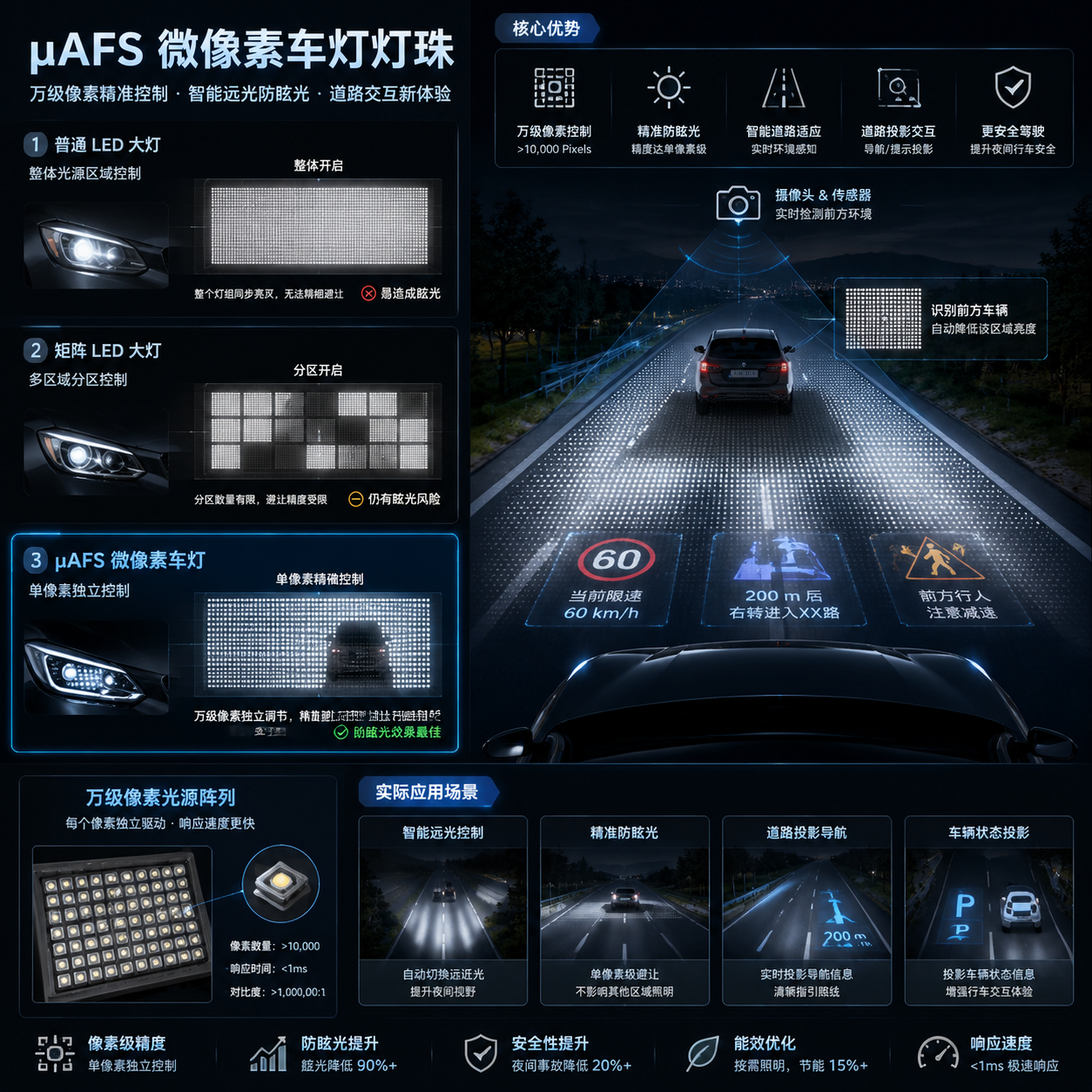 横版技术原理示意图,重点表现 µAFS 微像素车灯灯珠的核心优势和实际应用场景。画面左侧对比展示普通 LED 大灯、矩阵 LED 大灯与 µAFS 微像素车灯灯珠的控制方式差异:普通 LED 为整体光源区域控制,矩阵 LED 为多个区域控制,µAFS 为单像素独立控制;右侧展示夜间道路环境,车辆摄像头和传感器检测到前方车辆后,智能系统自动降低对应区域亮度,同时保持其他道路区域照明,实现精准防眩光。画面中加入万级像素控制能力的视觉化网格光源阵列、道路投影导航提示和车辆状态信息投影效果,体现智能远光、防眩光、道路交互等功能。整体采用汽车工程信息图风格,结构清晰,数据可视化,横版排版。English: automotive lighting comparison infographic, pixel-level control, adaptive anti-glare headlight, smart road projection.