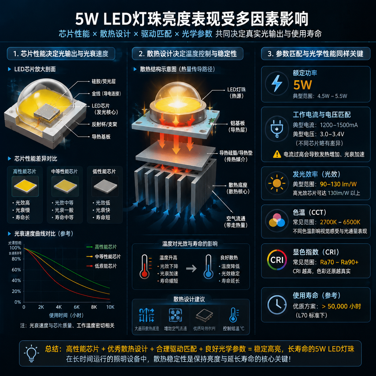 LED灯珠5W亮度影响因素分析图,展示芯片结构、散热机制及关键参数对光输出和稳定性的作用