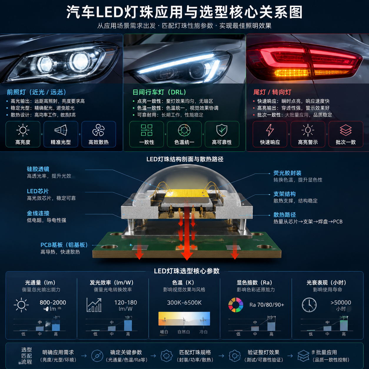 汽车LED灯珠在车头灯、日间行车灯和尾灯中的应用场景及对应的光学、散热和电气性能参数要求。