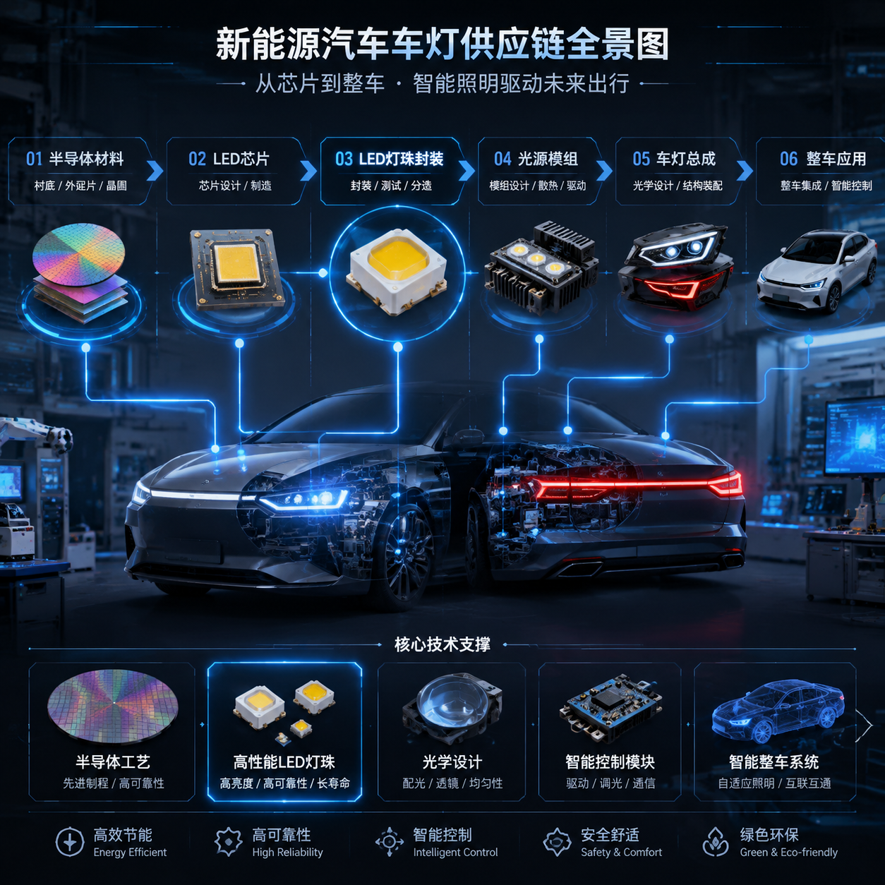新能源汽车车灯供应链全景流程图,横版科技工业风,展示从LED芯片、LED灯珠、光源模组、车灯总成到整车应用的完整供应链链路,中央新能源车型前灯与尾灯剖面,周围发光线路连接各环节,半导体晶圆与智能控制模块元素,冷色高精度可视化风格,适合文章开篇展示